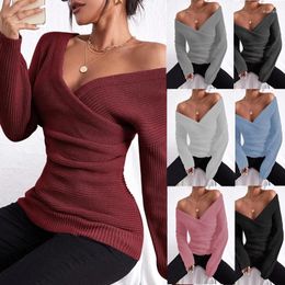 Women's Sweaters Women Autumn Winter Knitted Pullovers And Cross V-neck Long Sleeve Off The Shoulder Sweater Jumper Tops