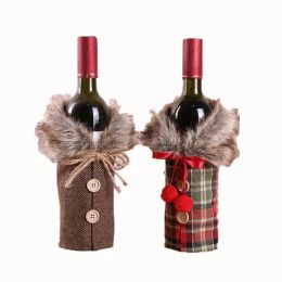 Wholesale Christmas Wine Bottle Cover Decoration Gift Christmas Home Party Wine Bottle Bow Plaid Linen Fluff Clothing Ornament