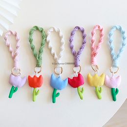 Korean Cute Keychains for Women Girls Fashion Fabric Tulip Flower Wristband Bracelet Key Chains Rings Cute Keyring