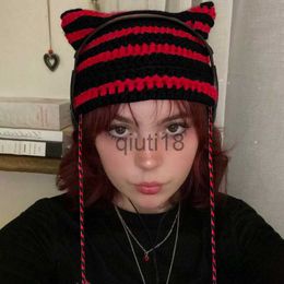 Beanie/Skull Caps Beanie/Skull Caps Y2k Accessories E Girls Hats Cute Cat Ear Stripe Knitted Hat Spring Fashion Fairy Grunge Emo Kids Scene Kawaii Caps 230717 x0922