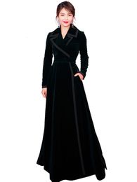 Women Blends Winter Runway Designer Women Vintage Notched Collar Wrap Black Velvet Maxi Overcoat Thick Warm Pocket Long Trench Coat Outwear 230922