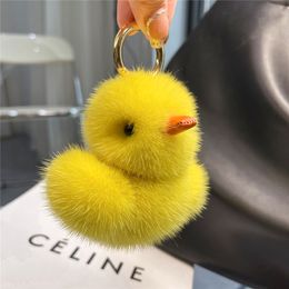Plush Keychains Highend Cute Yellow Duck Real Mink Fur Keychain Women Bag Charm Pendant Car Keyrings Plush Ornaments Kids Toys Birthday Gift 230922