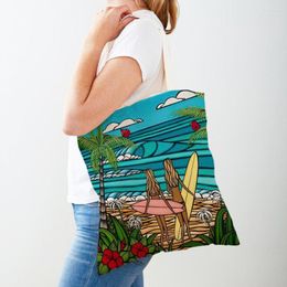 Shopping Bags Hawaiian Islands Beach Surfing Women Casual Canvas Double Print Landscape Girl Shopper Bag Lady Tote Handbags