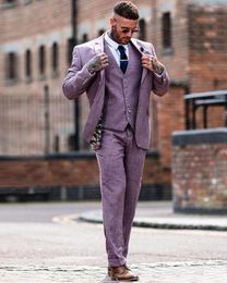 Men's Suits 3Pcs Fashion Mens Suit Purple Single Breasted Printed Slim Fit Tuxedos For Wedding Groosmen(Blazer Pants Vest)