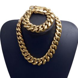 22mm Exaggerated Super-Wide Men Cuban Link Chain Jewlery Set Hip Hop Stainless Steel Choker Necklace Bracelet 18K Gold Plated 16&q274L