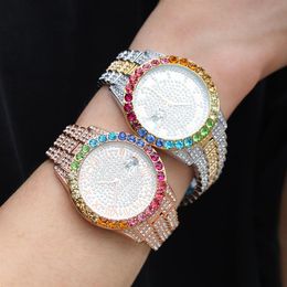 High Quality Hip Hop Colourful Watch 316L Stainless Steel Case Cover Full Diamond Crystal Strap Watches Quartz Wrist Watches Rapper3187