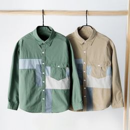 Men's Casual Shirts Men Shirt Pure Cotton Tooling Long Sleeve Green Button Up For Streetwear Patchwork Pocket Korean Harujuku Tops