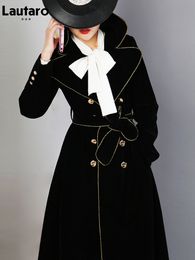Women Blends Lautaro Spring Autumn Long Black Velvet Trench Coat for Women with Gold Trim Sashes Double Breasted Luxury Designer Fashion 230922