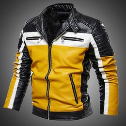 Men s Leather Faux Men Yellow PU Jacket Patchwork Biker Jackets Casual Zipper Coat Male Motorcycle Slim Fit Fur Lined Outwear 230922