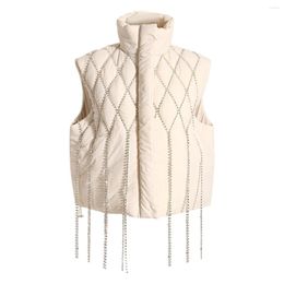 Women's Vests Women Coat Grid Pattern Beaded & Tassel Design High Neck Sleeveless Solid Color