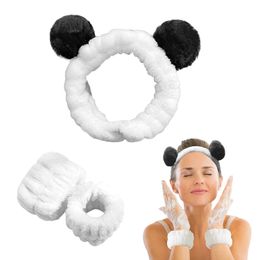 Panda Spa Headband Wristband Set Bear Ears Headband Soft Coral Fleece Face Wash Headband Wristband Set Perfect for Women Girls