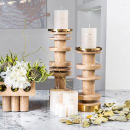 Candle Holders Beige Brown Travertine Holder Luxury Home Decorations Marble Candlestick With Metal Base