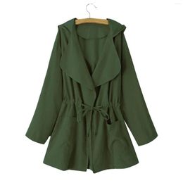Women's Trench Coats Autumn Solid Long Sleeve Drawstring Pocket Hooded Lightweight Windbreaker Raincoat Jacket Womens