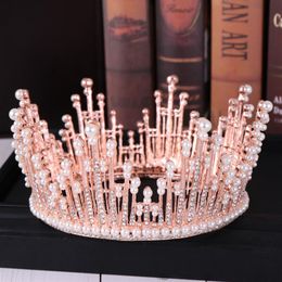 Vintage Rose Gold Pearl Tiara Round barrettes Big Wedding Crown For Bride Hair Accessories Crystal inlaid Queen Jewelry212d