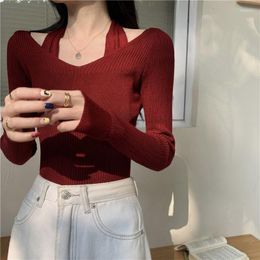 Women's Sweaters Women Shoulder Cut Out Pullover T-shirt Sexy Ribbed O-Neck Knit Long Sleeve Crop Tops Korean Fashion T Shirts Skinny Blouse