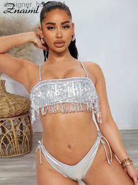 Womens Swimwear Womens Swimwear Znaiml Beach Rave Festival Metallic Swimsuit Vacation Sequins Tassel Fringe Bikini Set for Women Summer 2 Piece Outfits 230707 L230