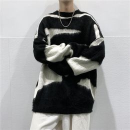 Men's Sweaters Casual Loose Tie Dyed Knitted Sweater For Fashion Black And White Round Neck Knitwear