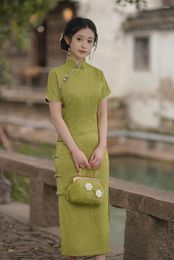 Ethnic Clothing Women Green Short Sleeve Cheongsam Chinese Traditional Slim Costume Elegant Long Dresses Sexy Qipao