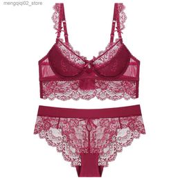 Bras Sets Europe Sexy Hollow Lace Embroidery Women Underwear French Thin Cup Push Up Bra Set Corset Lingerie Plus Size CD Bras and Panties Q230922