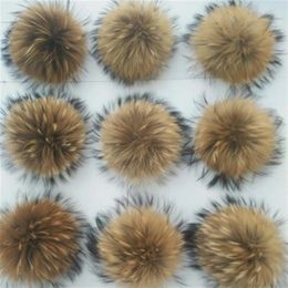 15cm Large Real Natural Raccoon Fur Pompom Ball W Button On Hat Bag Charm Key Chain Keyring DIY Accessories271B