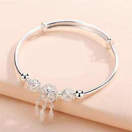 YHAMNI Original 925 Sterling Silver DreamCatcher Bracelet With Feather Tassel Pendant Round Beads Charm Bracelets For Women189w