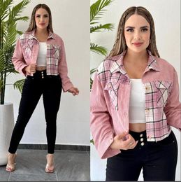 2024 new Women's Jackets corduroy women's plaid patchwork casual black pink Coat for girls Long Sleeve POLOS lapel short length Jacket Autumn Lady Holiday Streetwear