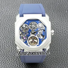 New 42mm Octo Finissimo Tourbillon 103188 Titanium Steel Case Blue Skeleton Dial Automatic Mens Watch Blue Leather Strap Watches TWBV Timezonewatch Z04b