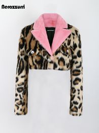 Women s Fur Faux Nerazzurri Autumn Winter Leopard Print Thick Warm Soft Cropped Mink Jacket Blazer Women Long Sleeve with Pink Collar 230922