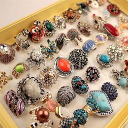 50Pcs Mix styles women's vintage metal rhinestone exaggerated foreign trade rings Jewellery with a display Box Wholesa243A