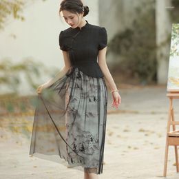 Ethnic Clothing Summer Chinese Style Black Print Cheongsam Retro Fashion Dress Women Mandarin Collar Qipao