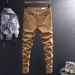 Men's Jeans Ly Designer Men Khaki Brown Elastic Slim Fit Stretch Vintage Trousers Korean Simple Casual Denim Pants Hombre