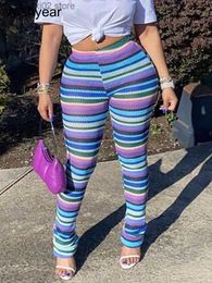 Women's Pants Capris year Sexy High Waist Leggings Joggers Colorful Striped Knitted Stacked Flare Pants for Women Clothing Street Trousers Oufit T230922