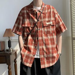 Men's Casual Shirts Summer Ice Silk Red Plaid Short-sleeved T-shirts Loose High Street Shirt Men Top Overcoat Male Clothes