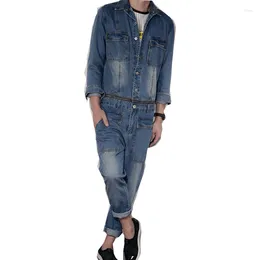 Men's Jeans Overalls Denim Jumpsuit Blue Lapel Long-Sleeved Jacket Hip-Hop Streetwear Waist Detachable Pants Casual Trousers