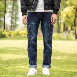 Men's Jeans Autumn Winter Multi Pocket Cargo Pants Casual Straight Loose Baggy Trousers Streetwear Denim Clothing Plus Size 48