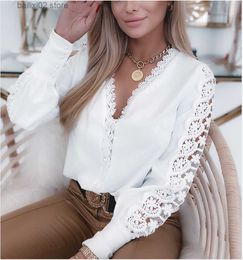 Women's Blouses Shirts wsevypo Office Lady Lace Hook Flower Hollow Sleeve Casual Shirts Women Long Sleeve V Neck Tops Spring Autumn Vintage White Tops T230922