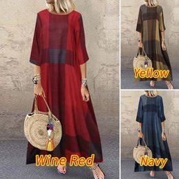 Basic Casual Dresses 2023 Summer Long Maxi Dress Short Sleeve Cotton Linen Plus Size Ladies Retro Loose Plaid Femme 5XL 230922