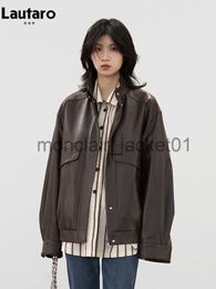 Women's Fur Faux Fur Lautaro Spring Retro Cool Oversized Brown Black Pu Leather Jacket Women with Drop Shoulder Long Sleeve Zip Up Unisex Clothing J230922