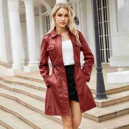 Women's Jackets Women's Bomber Jacket 2023 Mid Length Leather Coat With Belt Spring And Autumn Long Sleeve Windbreaker British Coat Women J230922