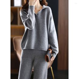 Women's Two Piece Pants Autumn Winter Thick Knitted Sets Casual Lapel Long Sleeve Pullover Sweater High Waist Wide Leg Womens Peice