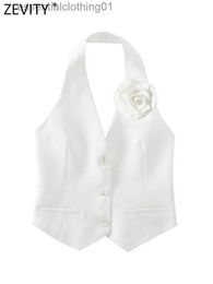 Women's Vests Zevity Women Fashion Single Breasted Flower Design White Halter Vest Jacket Office Ladies Sleeveless Crop WaistCoat Tops CT4438 L230922