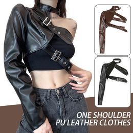 Women's Jackets Hip Hop Fashion PU Leather Jacket Women Metal Buttons One Shoulder Sexy Punk Streetwear Halter Crop Tops Goth Techwear