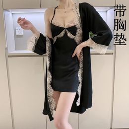 Women's Sleepwear Sexy Nighty&Robe Set Kimono Bathrobe Gown Satin Nightgown Lace Flower Loungewear Casual Strap Lingerie