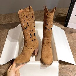 Boots Hollow Embroidered Vintage Western Women 2023 Autumn Chunky Heels Knee High Cowboy Woman Pu Leather Knight Booties 230922