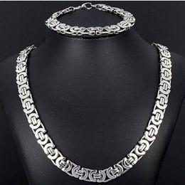 New Style Jewlery Set 8mm Silver Tone Flat byzantine chain necklace & bracelet 316L Stainless Steel Bling for Fashion mens XMAS Gi269g