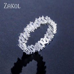 Band Rings ZAKOL Fashion Luxury Multicolor Charm Baguette Cubic Zirconia Wedding Rings for Women T Shape Stone Party Jewelry FSRP2221Y