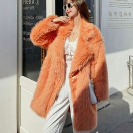 Womens Fur Faux imitation fur mid length lapel orange patchwork faux coat 230921