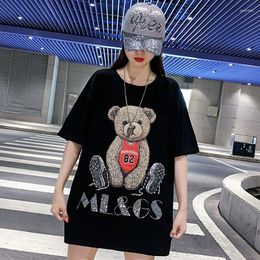 Women's T Shirts Loose Short Sleeve T-shirt Midi Length Summer Wear 2023 Cartoon Diamonds Plus-size Bear Top For Women