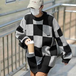 Men's Sweaters Fashion Black Checkerboard Pattern Half Turtleneck Sweater Autumn Winter Loose Causal High Street Thicken Knitted