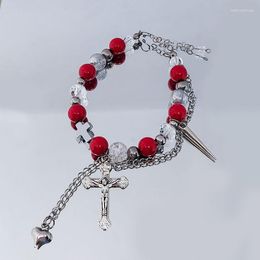 Link Bracelets Cross Jesus Charms For Women Fairy Core Pointed Cone Pendant Y2K Red Galss Beaded Bracelet Hip Hop Party Jewelry Girl